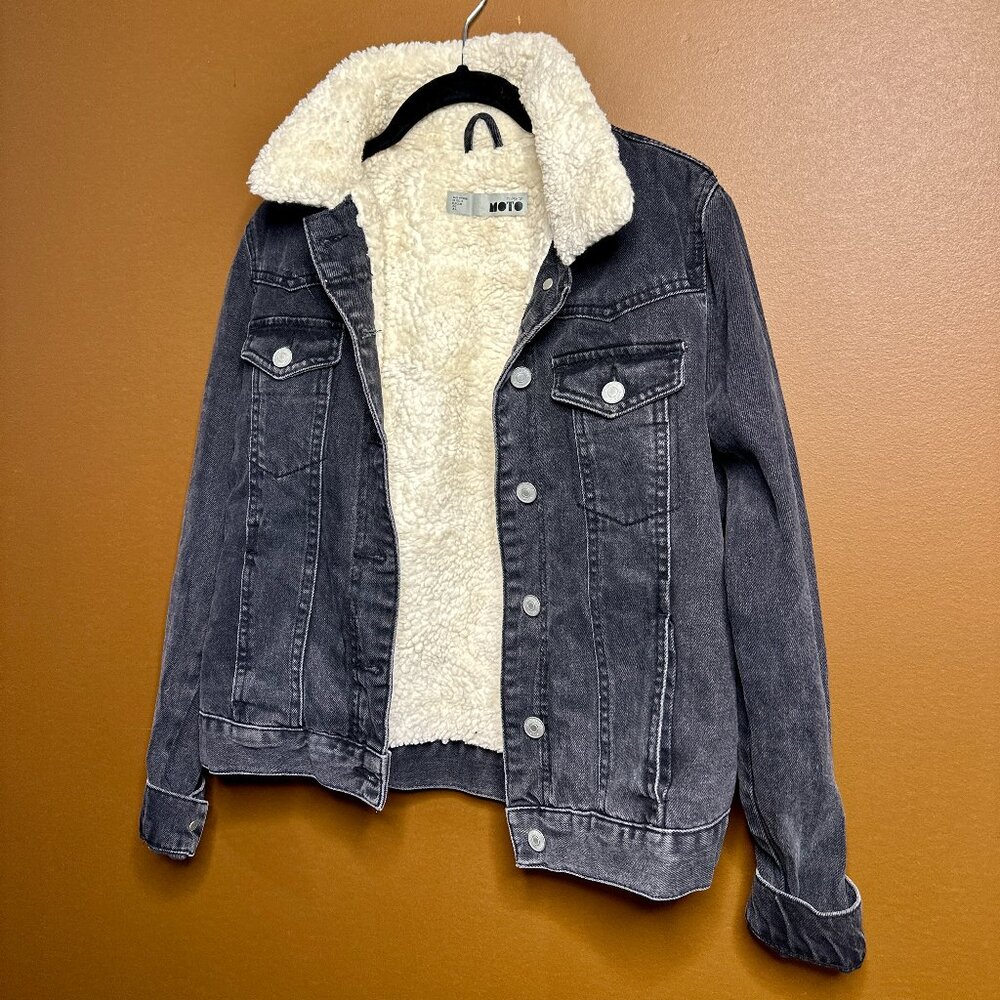 TOPSHOP Shearling Trim Black Denim Moto Jacket – Size US 2, UK 6